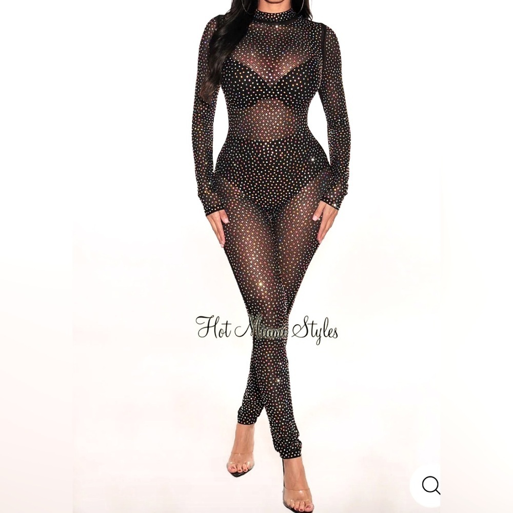 Mesh Rhinestone Long sleeve jumpsuit Women sz L Black sheer rhinestone catsuit